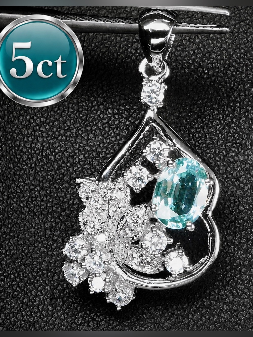 5ct 🌈change Sapphire Pendant blue green white 15k white gold on silver necklace